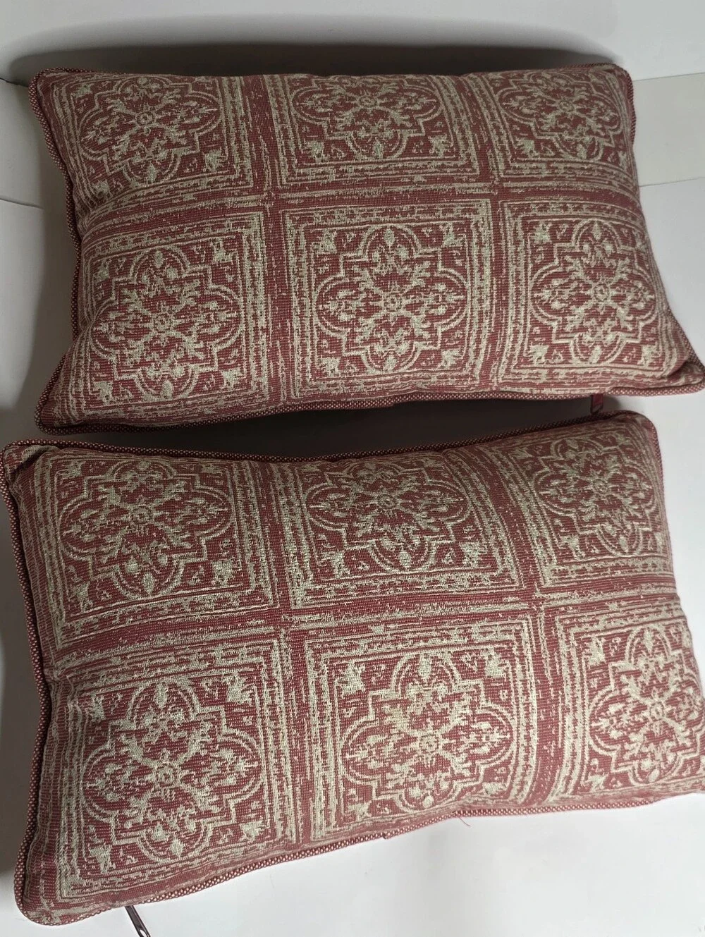 Restoration Hardware marron and Tan Scroll set of 2 Lumber pillows Inserts incl